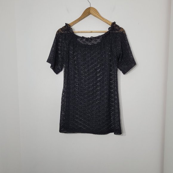 Joy Joy Sheer Lace Cover Up Mini Dress Short Sleeve Scoop Neckline Black Size XS - Picture 6 of 8